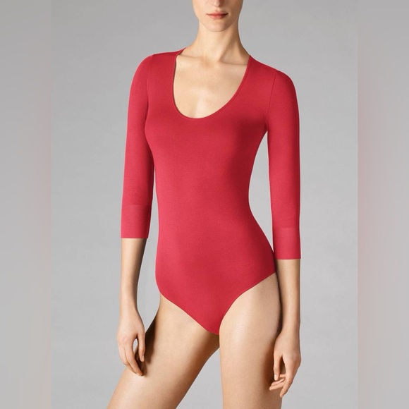 Wolford Tops - Wolford 3/4 Length Sleeve Scoop Neck Thong Bodysuit in Red Size Medium
